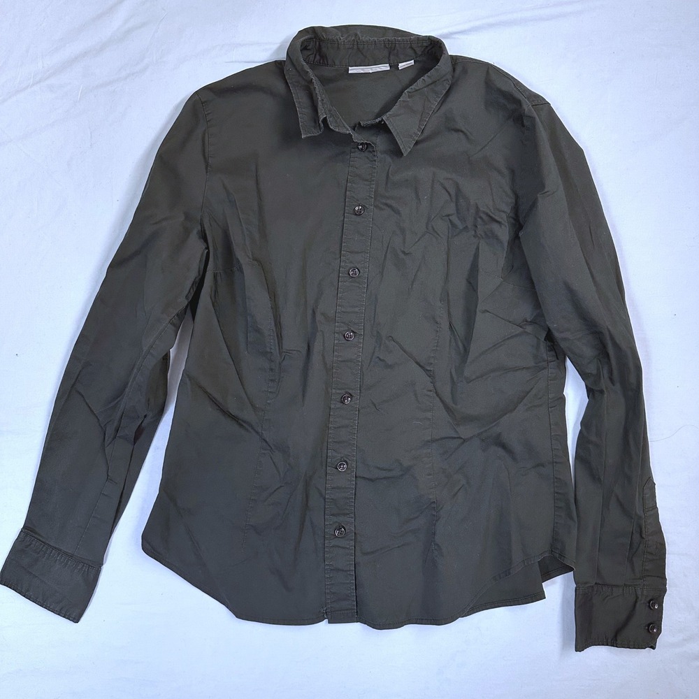 New York & Company Womens Button Down Long Sleeve Shirt L Olive Green